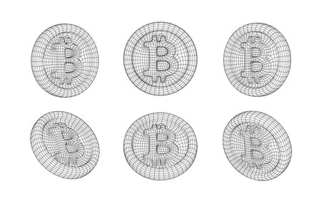 Wireframe Bitcoin Coins Collection. Isolated 3d Btc Coin Set. Crypto currency icons set. Vector illustrationのイラスト素材