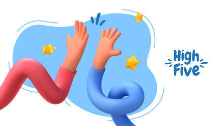 High Five Celebration Concept With Colorful 3D Hands And Stars Symbolizing Teamwork, Achievement And Joy. Positive High Five Moments. Vector Illustrationのイラスト素材