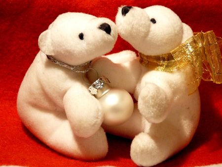 two toy white bears x-mas decorationの写真素材