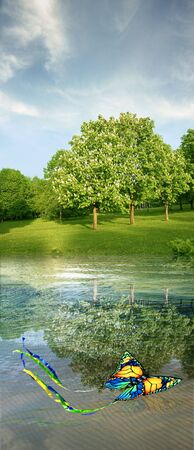 summer landscape with butterfly kite, blooming horse-chestnuts, water & skyの写真素材