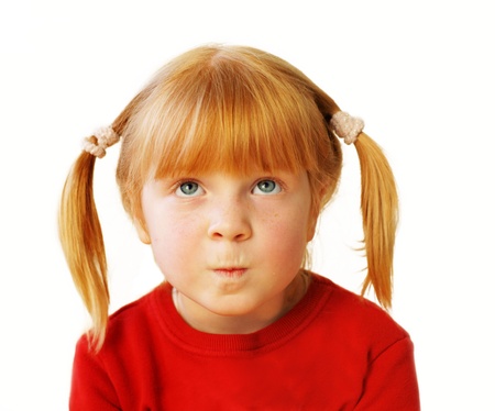little girl, emotional portrait on white background