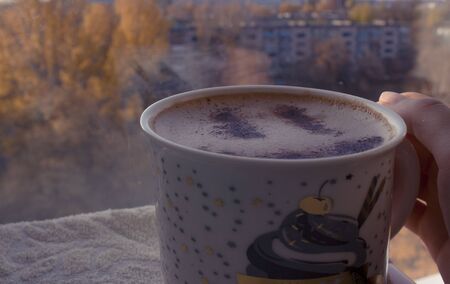Mug of cappuccino with cinnamon for breakfast.cinnamon in form of a smiley face on coffee foam.Morning cup of coffee with hot cappuccino near the window.Cold autumn and orange leaves outside.の写真素材