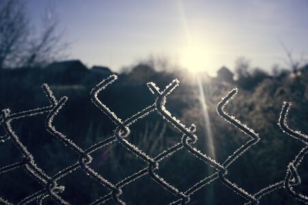 Torn fence of metal mesh covered with frost. The sun shines early in the morning on the frozen grid. The concept of freedom behind a frozen metal mesh that has been ripped. Cold winter morning.の写真素材