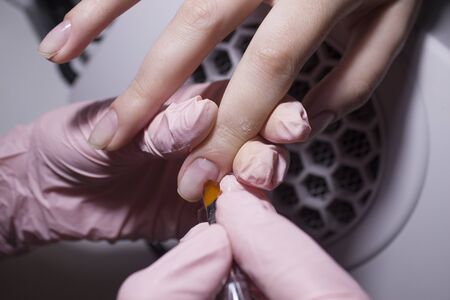 The manicurist applies a base layer to the client's nail. Applying a transparent varnish with a...