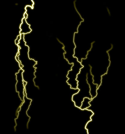 Yellow thunderbolts. Realistic lightning. Electricity thunder light storm flash thunderstorm in...
