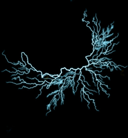 Thunderbolt. Realistic lightning. Electricity thunder light storm flash thunderstorm in cloud. A collage of lightning bolts on a black background.の写真素材
