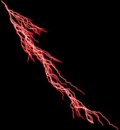 Red Thunderbolt. Realistic lightning. Electricity thunder light storm flash thunderstorm in cloud. A collage of lightning bolts on a black background.の写真素材