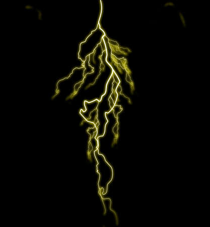 Yellow thunderbolt. Realistic lightning. Electricity thunder light storm flash thunderstorm in cloud. A collage of lightning bolts on a black background.の写真素材