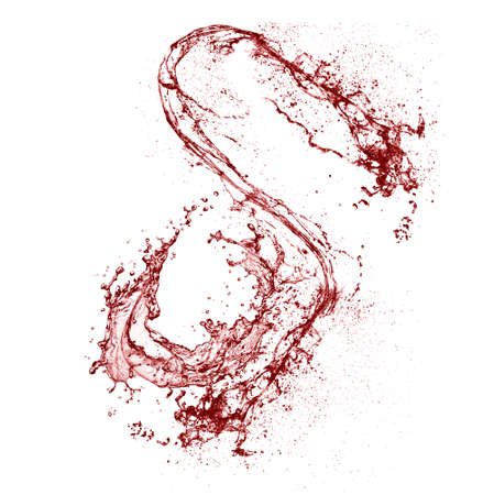 A swirling splash of red liquid. A spiral of water with splashes on a white background. A splash of wine or bloodの写真素材