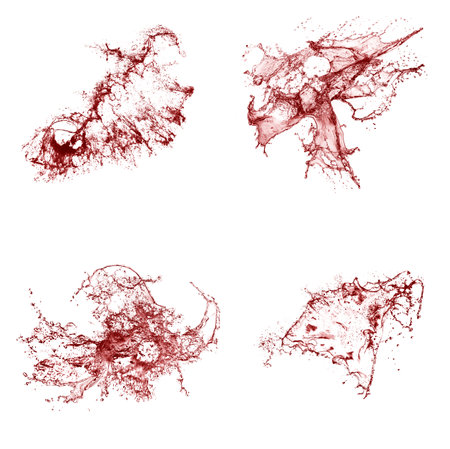 Collage of red liquid splashes. Liquid splashes on a white background. A splash of wine or blood.の写真素材