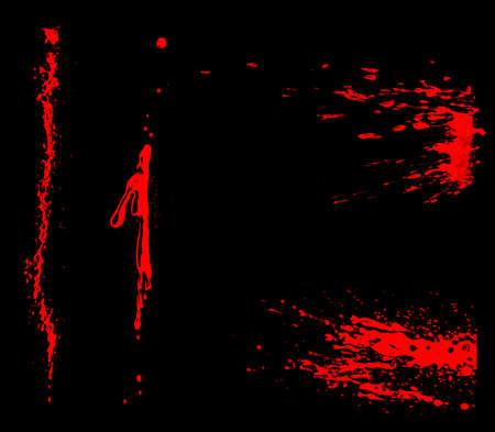 Overlay the blood effect. A collection of blood isolated on a black background. Blood elements as decoration to the design. horror propsの写真素材