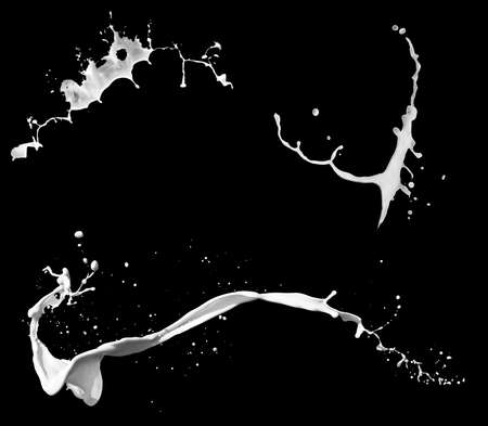 Collection of milk splashes. A splash of milkshake. A set of isolated dairyの写真素材