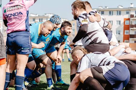 6 April 2019, match 1 rugby league in Poland. City of Janowo, match between RC Arka Rumia Rugby and Alfa Bydgoszcz. Match Result: RC Arka RUMIA 38-21 RC ALFA Bydgoszczのeditorial素材