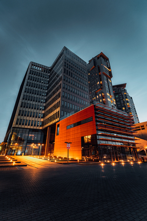 Sea Towers skyscraper in Gdynia after sunset