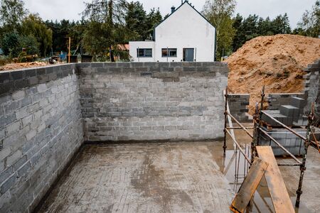 Construction of a single-family house with a basementの写真素材