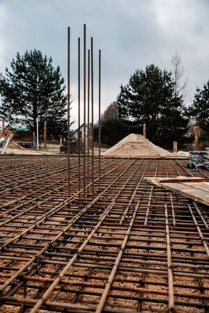 Turning ceiling reinforcement at the construction siteの写真素材