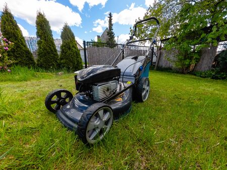 Mowing the grass in the home gardenの写真素材