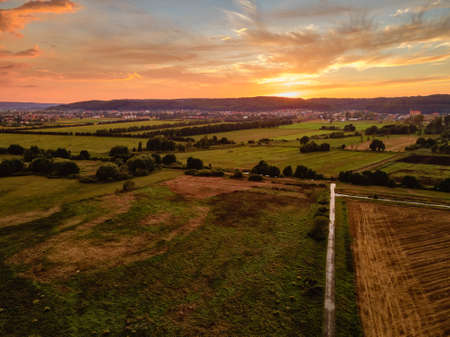 autumn landscape of fields shot from a droneの写真素材