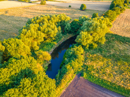 beautiful view of the river flowing through the fieldsの写真素材
