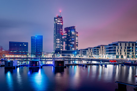 Sea Towers in Gdynia by nightの写真素材
