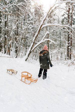 family fun in winter on a sled in the forestの写真素材