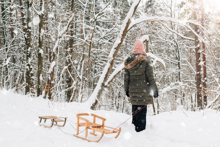 family fun in winter on a sled in the forestの写真素材