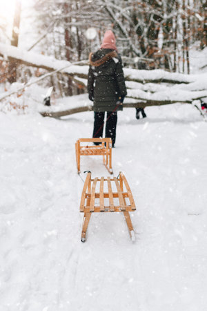 family fun in winter on a sled in the forestの写真素材