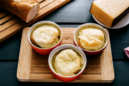 Onion soup baked with baguette and cheeseの写真素材