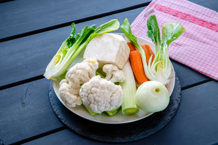 fresh soup vegetables prepared for cooking brothの写真素材