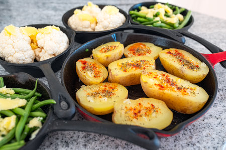 seasonal vegetables prepared grilling in a panの写真素材
