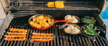 preparing dinner on a gas grillの写真素材
