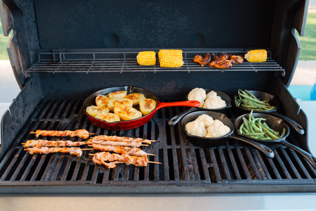 preparing dinner on a gas grillの写真素材