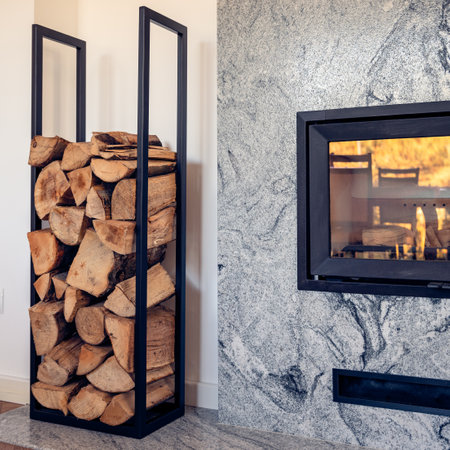 fireplace in the living room with space for woodの写真素材