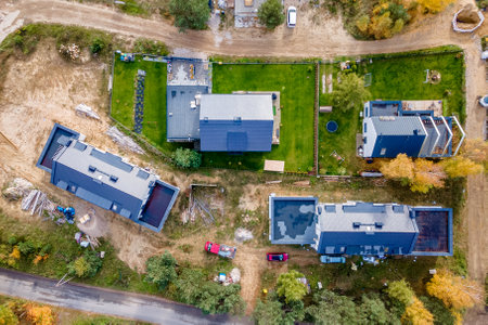 a newly built estate of single-family houses, a view from the airの写真素材