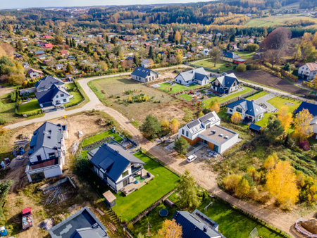 a newly built estate of single-family houses, a view from the airの写真素材