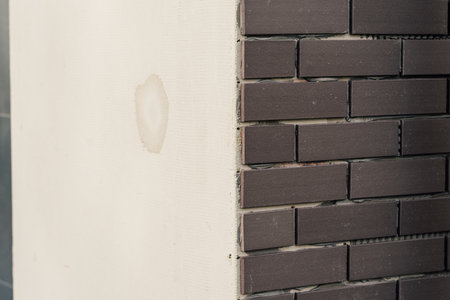 laying clinker tile on the facade of the houseの写真素材
