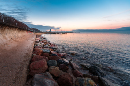 seaside boulevard in Gdynia view of the sea towersの写真素材