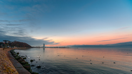 seaside boulevard in Gdynia view of the sea towersの写真素材