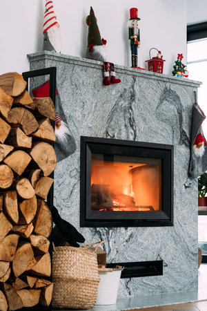 at fireplace home decorated for christmasの写真素材