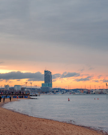 Panorama of the center of Gdynia, view from the beachの写真素材