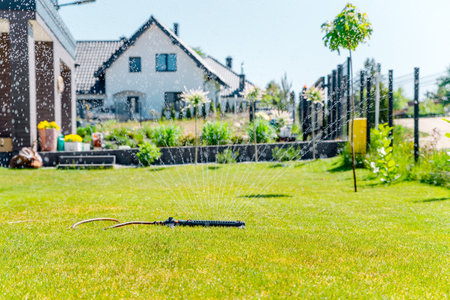 watering the garden with a sprinklerの写真素材