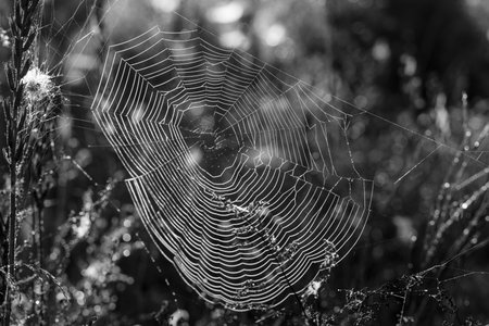 gossamer in the meadow at sunriseの写真素材