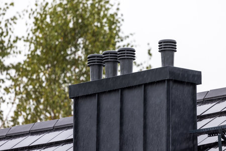 Black chimney on the roof of the house in the autumn.の写真素材