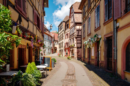 the colorful streets of Alsace RibeauvillÃ©の写真素材