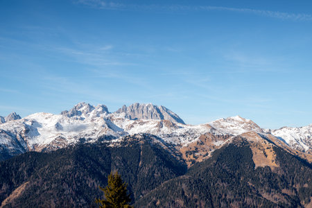 View of the Dolomites mountains in Italy during a sunny dayの写真素材