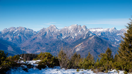 Mountain landscape with snow and clear blue sky. Caucasus Mountains, Georgia.の写真素材