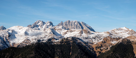 Panoramic view of a mountain range in the Dolomitesの写真素材