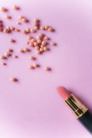 Pink lipstick with the pink blush balls - Imageの写真素材