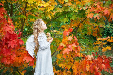 angel with wings prays. child autumn portrait of a little girl