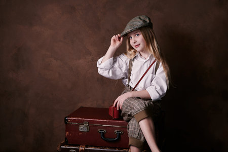little girl sits on suitcases. vintage style photography. child in a white shirt, pants and a hat...